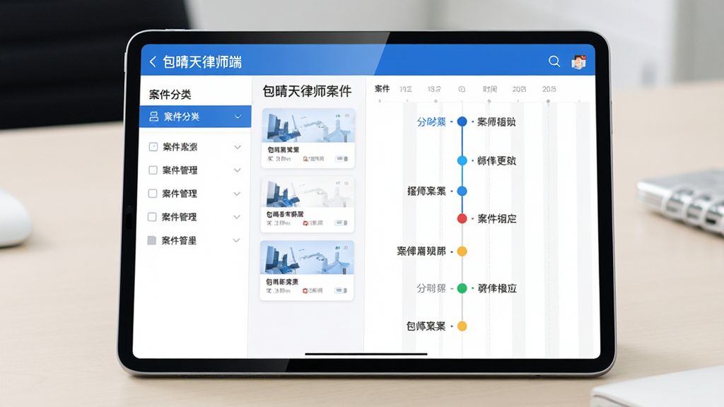 主体:平板电脑横屏显示包晴天律师端案件管理界面,左侧是案件分类列表,右侧是选中案件的详情时间轴。布局:平板居中,屏幕内展示案件卡片和时间线图标,时间线上有不同颜色的节点标记。排版:左右分栏,左侧列表简洁,右侧时间线竖向排列,节点旁有简短文字标签。风格:商务简约,蓝白配色,信息层级清晰。细节:平板外壳金属质感,屏幕反射轻微光泽,背景为浅色办公桌面。画质:高清,干净,无多余元素。