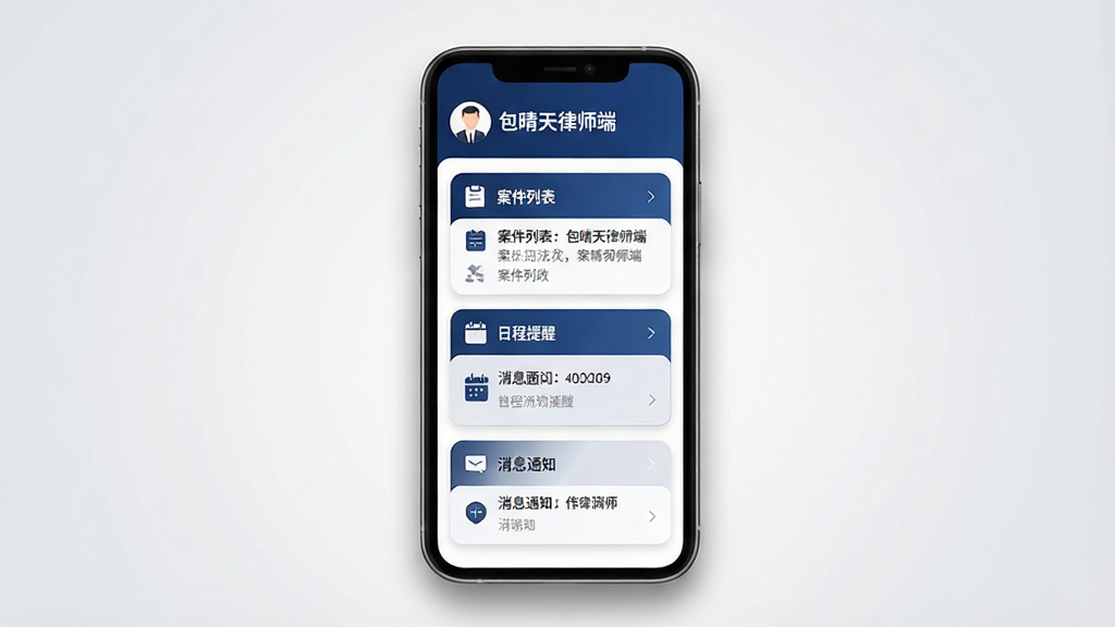 主体:智能手机屏幕显示包晴天律师端主界面,界面风格简洁商务,以深蓝色和白色为主色调,顶部有“包晴天律师端”字样和律师人像图标。布局:手机居中,屏幕内容清晰可见,界面分为案件列表、日程提醒、消息通知三个主要功能卡片。排版:卡片式布局,圆角设计,文字清晰,图标简洁。风格:现代扁平化,专业稳重,适合法律行业。细节:手机边缘有柔和阴影,背景为浅灰色渐变,突出手机屏幕内容。画质:高清渲染,干净无多余元素。