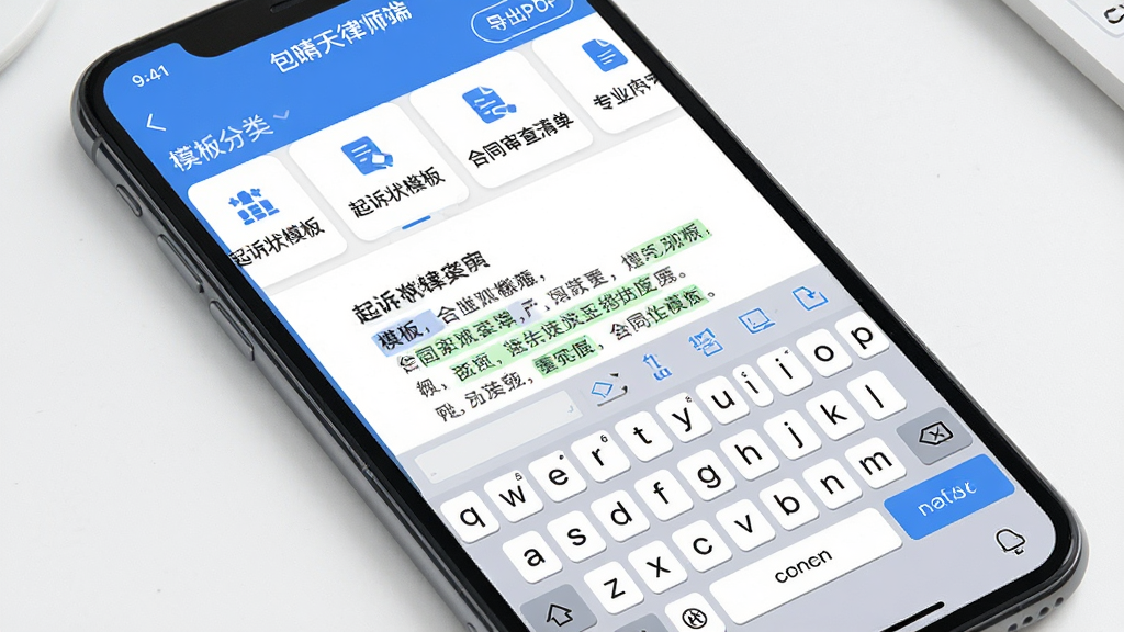 主体:手机屏幕显示包晴天律师端文书编辑页面,屏幕上有法律文书模板列表和编辑区域。布局:手机上部分为模板分类横滑卡片,下部分为编辑区,有虚拟键盘弹出。排版:模板卡片带小图标,编辑区有文字和标亮段落,顶部有“导出PDF”按钮。风格:简洁实用,浅色背景,蓝色点缀。细节:屏幕中显示“起诉状模板”“合同审查清单”等字样,键盘为白色虚拟键盘。画质:清晰,无多余元素。