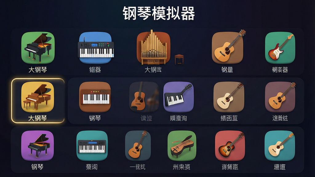主体:“钢琴模拟器”应用的多音色选择界面。布局:界面以列表形式展示多种乐器图标,包括大钢琴、电子琴、管风琴、吉他等,当前高亮选中“大钢琴”。排版:顶部有“钢琴模拟器”字样,背景为深色渐变色,突出彩色图标。风格:扁平化UI设计风格。细节:每种乐器图标下方有中文名称标签,选中项带有发光边框。画质:高清渲染,干净,无多余元素。