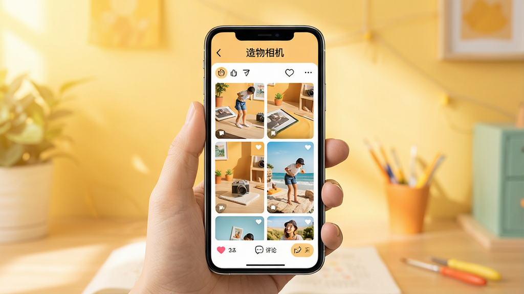 造物相机社区互动界面,展示用户作品瀑布流与点赞评论图标,背景为明亮温馨色调,手机屏幕居中显示“造物相机”品牌名称,整体布局清爽,画质干净,无多余元素