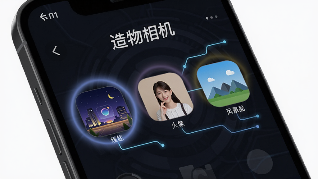 造物相机AI场景识别功能预览,手机界面显示夜景、人像、风景等场景图标,周围有柔和光晕与智能分析线条,背景为深色科技质感,突出“造物相机”品牌字样,画质细腻,干净无杂物
