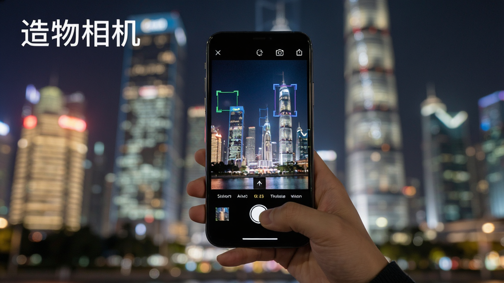 造物相机使用场景示意图,用户手持手机拍摄城市夜景,画面中显示软件拍摄界面与AI识别框,背景为高楼灯光,整体风格写实,突出“造物相机”品牌字样,画质清晰,干净无多余元素