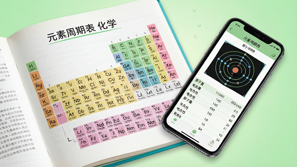 主体:一本打开的元素周期表化学书与手机并排,手机屏幕上显示元素详情页,包含原子结构示意图和各项数据列表。布局:左侧是纸质化学书,右侧是手机,两者以45度角摆放,背景是浅绿色渐变。排版:手机屏幕上的数据以列表形式排列,清晰标注“原子量”“电负性”等字段,书籍页面印有“元素周期表 化学”字样。风格:教育出版风格,明亮清晰,画质高,干净无多余元素。