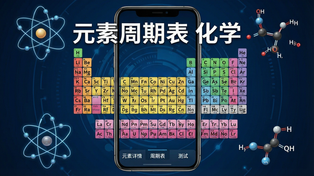 主体:一款智能手机屏幕展示“元素周期表 化学”应用界面,屏幕中央是彩色编码的化学元素周期表,每个格子显示元素符号和原子序数,背景为深蓝色科技感风格。布局:手机位于画面中央,周围有原子轨道和化学分子结构图漂浮,下方有“元素详情”“周期表”“测试”等导航栏。排版:界面清晰,文字“元素周期表 化学”以白色粗体字显示在屏幕上方,整体信息层次分明。风格:现代科技教育风,细节丰富,画质高清,干净无多余元素。