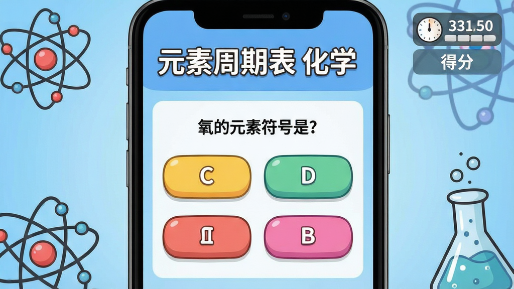 主体:手机屏幕展示“元素周期表 化学”的测验界面,屏幕上有一道选择题“氧的元素符号是?”,下方有四个选项按钮,右上角显示答题计时器和得分。布局:手机居中,背景为柔和的蓝色渐变,四周有原子模型和化学烧杯的卡通装饰。排版:界面友好,大按钮设计,文字“元素周期表 化学”以标题形式显示在顶部。风格:卡通教育风格,色彩鲜艳,画质清晰,无多余元素。