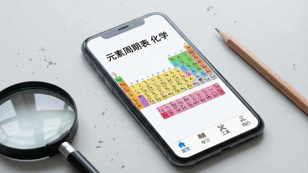 主体:一部手机屏幕展示“元素周期表 化学”应用的主界面,屏幕中央是彩色周期表,底部有“首页”“学习”“工具”“我的”四个标签。布局:手机斜放在桌面上,旁边有放大镜和铅笔,背景是浅灰色。排版:界面简洁,周期表清晰,文字“元素周期表 化学”显示在顶部。风格:简约商务风格,明亮干净,画质高,无多余元素。
