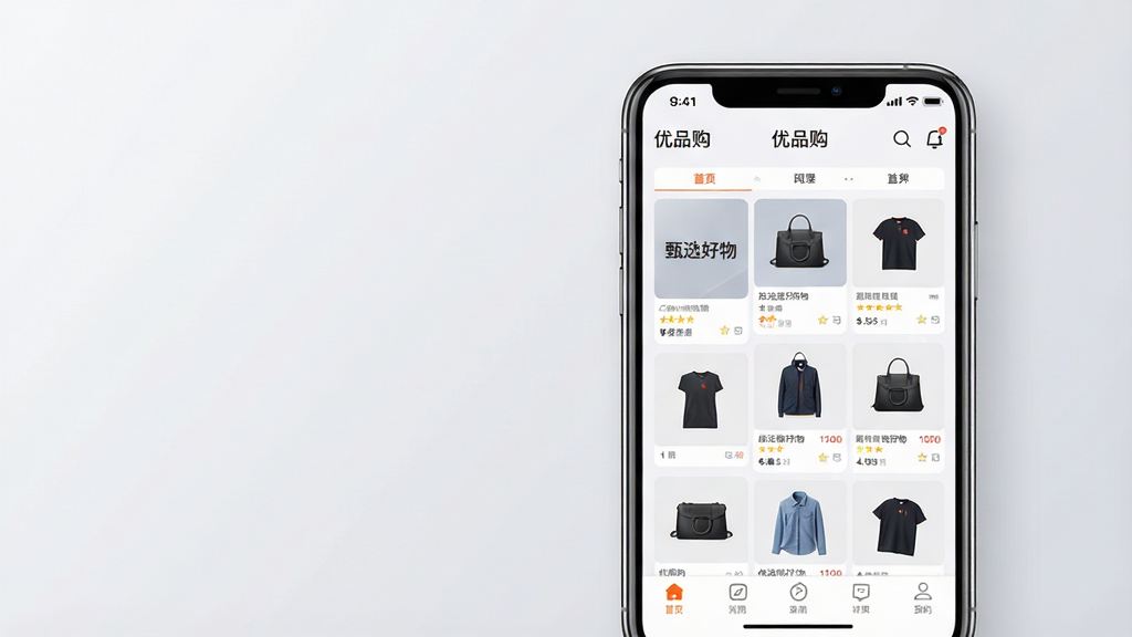主体:一部亮着屏幕的智能手机,屏幕上显示“优品购”APP的首页,页面包含商品瀑布流和底部导航栏。布局:手机位于画面中央偏右,左侧留白,背景是柔和的浅灰色渐变。排版:手机屏幕内的商品图片清晰,排列整齐,界面UI设计现代简约。风格:科技感与生活气息结合,扁平化设计风格。细节:屏幕中隐约可见“优品购”的Logo和“甄选好物”字样,手机边缘有高光质感。画质:8K超高清,画面干净通透,无多余元素。