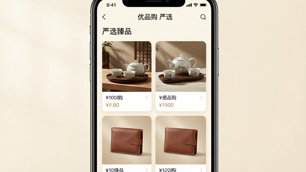 主体:一幅展示“优品购”APP内部“严选臻品”频道的手机截图,屏幕上分格展示多款精美商品,包括智能手表、陶瓷茶具和真皮钱包。布局:手机屏幕居中,背景为温暖的米白色,商品卡片呈网格状分布。排版:商品图片大而清晰,每个商品下方有价格和简短的名称标签。风格:简约商务,突出商品质感。细节:屏幕顶部有“优品购 严选”字样,商品带有光影效果,看起来高端。画质:高清渲染,细节丰富,背景干净。
