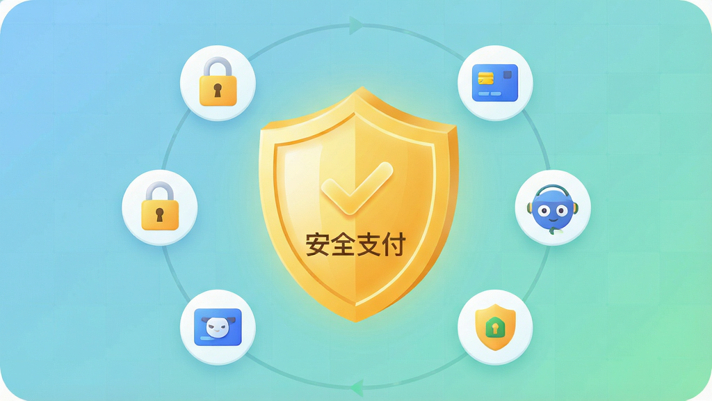 主体:一张展示“优品购”APP“安全交易”功能的插画,画面中央是一个发光的金色盾牌,盾牌上有对勾图标,周围环绕着锁头、支付和售后图标。布局:盾牌位于画面中心,其他小图标呈圆形环绕排列,背景为柔和的蓝绿色渐变。排版:图标之间间距均匀,视觉重心集中。风格:扁平化与微立体结合,传达信任感。细节:盾牌上写有“安全支付”字样,背景有细微的网格纹理。画质:画面干净,色彩明快,无杂乱元素。