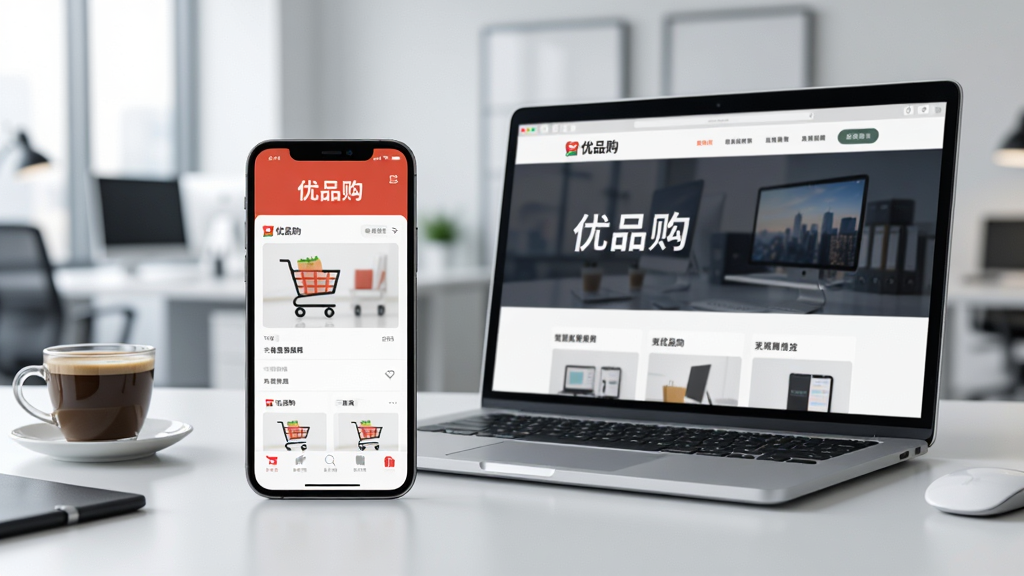 主体:一部智能手机和一台笔记本电脑并排放置在桌面上,手机屏幕显示“优品购”购物车界面,电脑屏幕显示“优品购”官网首页。布局:设备位于画面中心,桌面简洁,背景是虚化的现代办公室。排版:手机和电脑屏幕内容清晰可见,形成双屏互动感。风格:商务办公风格,光线明亮。细节:手机和电脑屏幕上都有“优品购”的Logo,桌面上有一杯咖啡。画质:4K高清,画面通透,构图稳定。