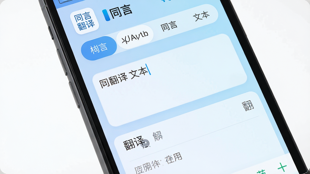 画面主体为一部智能手机屏幕显示同言翻译主界面,界面顶部有语言选择栏,中间为文本输入框,下方为翻译结果区域,背景为淡蓝色渐变,整体布局清晰简洁,风格扁平化设计,细节包含软件名称“同言翻译”Logo,画质高清干净,无多余元素