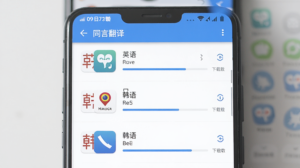 画面主体为一个手机界面显示离线翻译包下载管理页面,列表中有英语、日语、韩语等语言包,每个语言包旁有下载进度条,背景为简洁的系统界面,风格扁平,细节包含“同言翻译”字样,画质清晰干净,无多余元素