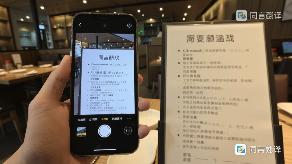 画面主体为一只手拿着手机对着一个英文菜单拍照,手机屏幕上显示翻译后的中文内容,背景为餐厅环境,风格写实,细节包含软件名称“同言翻译”水印,画质高清,干净无多余元素