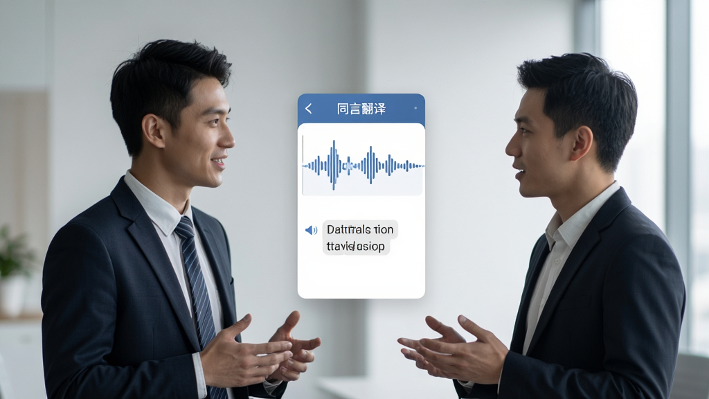 画面主体为两个人面对面交谈,中间悬浮着同言翻译的语音翻译界面,界面显示波形图和翻译文字,背景为简约的商务场景,风格写实,细节包含软件名称“同言翻译”,画质高清,干净无多余元素