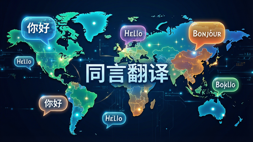 画面主体为一张世界地图,地图上分布着多个语言气泡,气泡内标注“你好”、“Hello”、“Bonjour”等不同语言的问候语,中央位置有“同言翻译”字样,整体配色鲜艳明亮,风格科技感,细节丰富,画质清晰干净,无多余元素