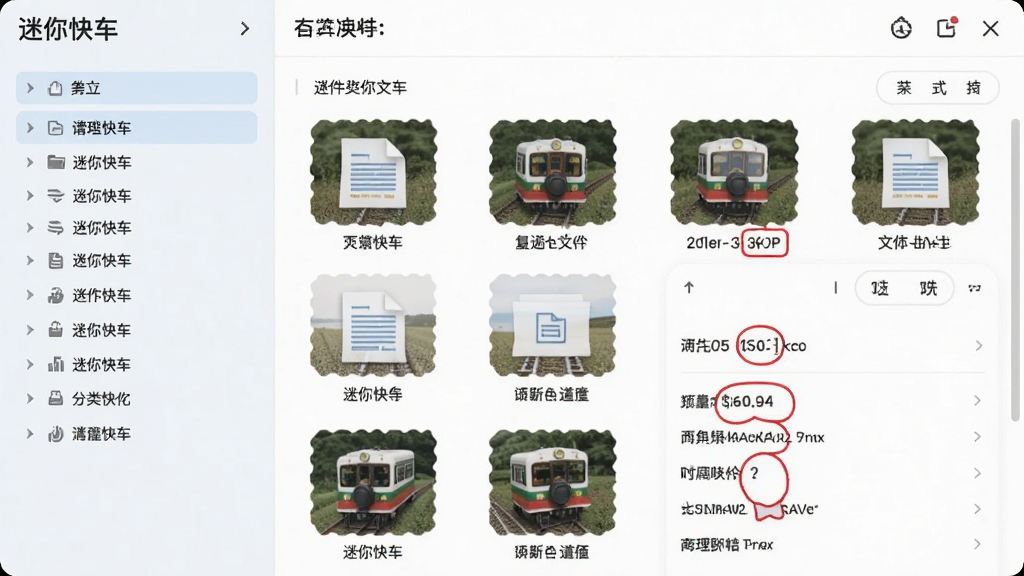 迷你快车文件分类管理界面展示,左侧为分类列表,右侧为文件缩略图与详细信息,界面设计简洁直观,色彩柔和,画质干净