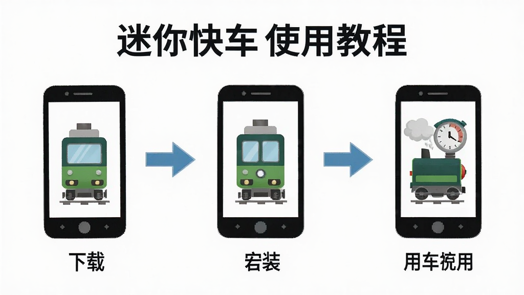 迷你快车使用教程操作步骤图,展示从下载到安装再到使用的完整流程,以步骤流程图形式呈现,风格简洁明了,画质清晰