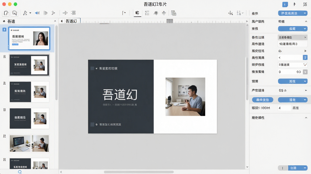 一张展示吾道幻灯片软件主界面的高清截图,主体为软件界面,布局包含左侧幻灯片缩略图列表、中间画布编辑区、右侧属性设置面板,排版清晰,风格扁平化现代化,细节展示丰富的模板缩略图与功能按钮,画质干净清晰,无多余元素