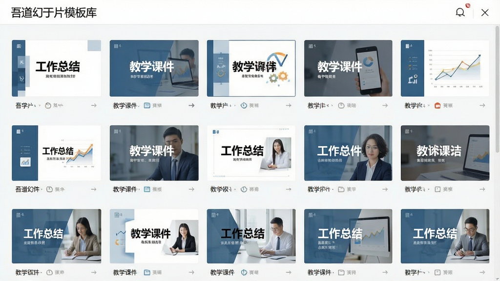 一张展示吾道幻灯片模板库的界面截图,主体为模板选择页面,布局为网格状展示各类精美模板缩略图,排版整齐,风格清新简洁,细节突出模板封面上的“工作总结”、“教学课件”等文字标识,画质干净,无多余元素