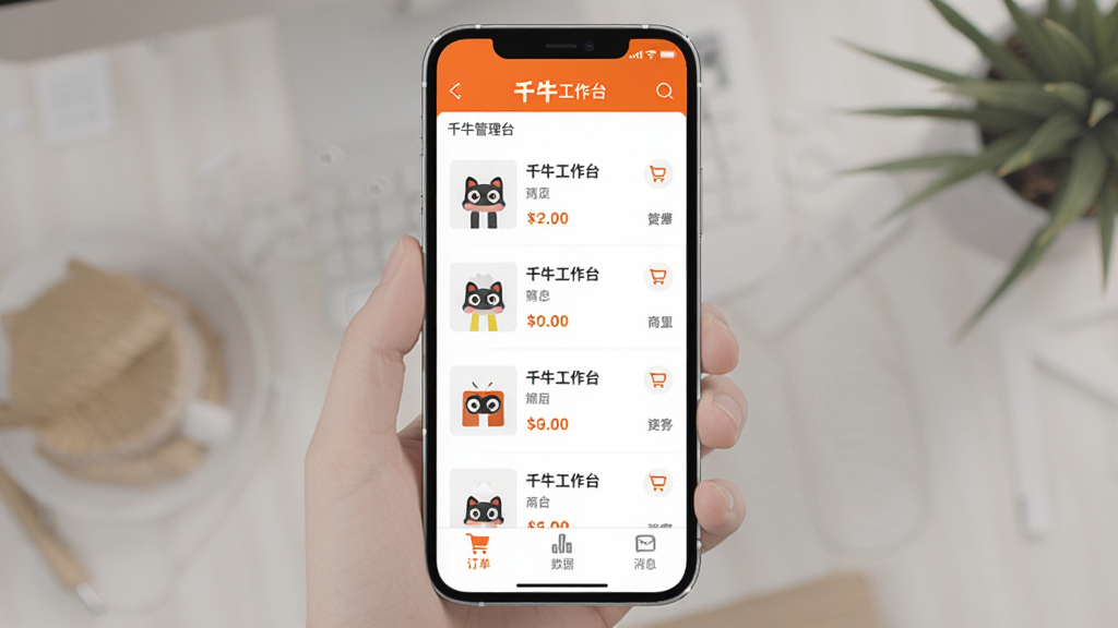 ���壺ǧţ����̨���ֻ��ϵ�Ӧ�ý��棬չʾ���̹������ܡ����֣��ֻ���Ļ������ʾ��Ʒ�����б����ײ��ж��������ݡ���Ϣ�ȱ�ǩ���Ű棺�����б�ʽ���֣�ͼ������������ƶ��˱�ƽ����ƣ�ɫ�����¡�ϸ�ڣ���Ļ���С�ǧţ����̨����������ƷͼƬ�ͼ۸���Ϣ����ɫ��ɫ�������ʣ����塢�ɾ����޶���Ԫ�ء�