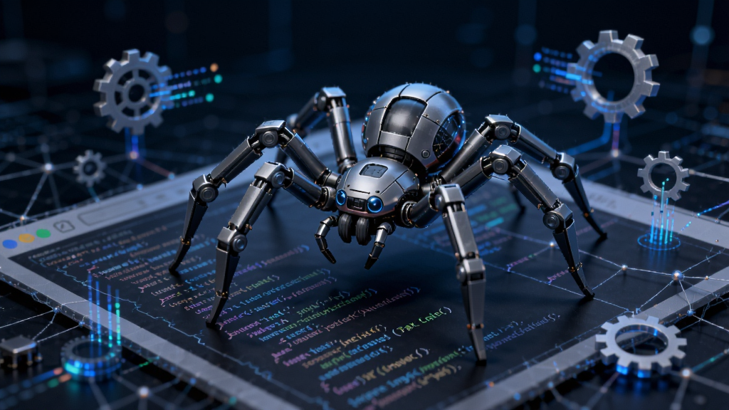 展示JOC Web Spider智能抓取引擎工作的示意图,画面中央为一只机械蜘蛛正在爬行在网页代码构成的网络之上,周围有数据流和齿轮图标,背景为深蓝色科技感背景,风格为3D渲染,细节丰富,突出高效与智能,画质干净