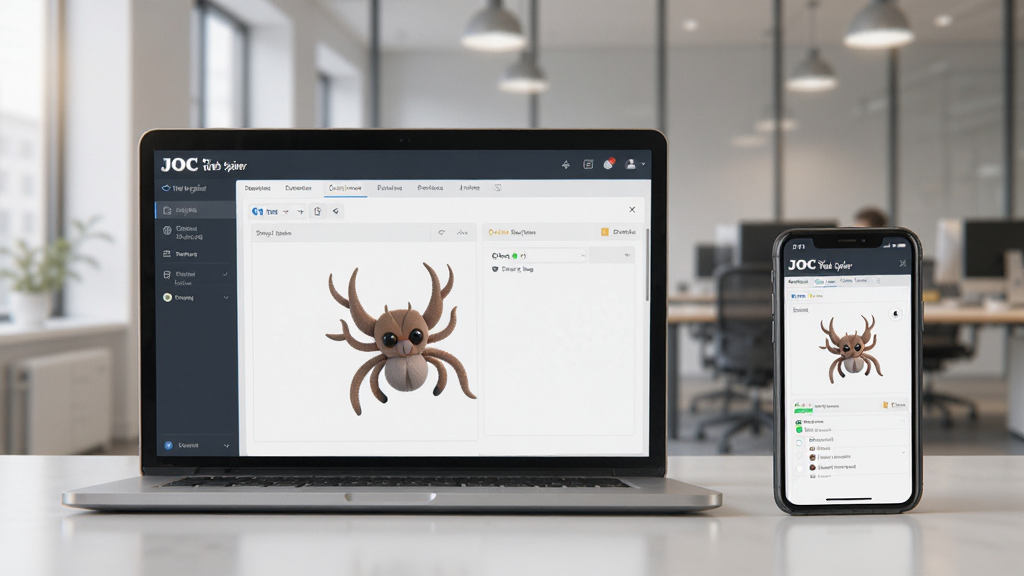 一幅展示JOC Web Spider在不同设备上使用的场景图,画面左侧为笔记本电脑,右侧为手机,屏幕上均显示软件界面,背景为现代办公室环境,风格为写实摄影,光线柔和,突出跨平台使用的便利性,画质清晰