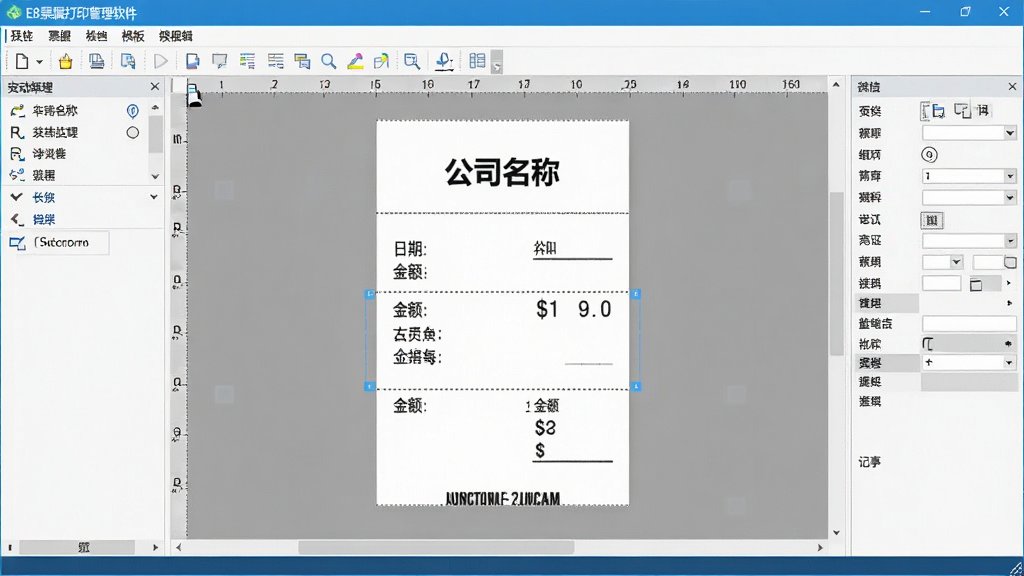 展示E8票据打印管理软件模板编辑界面的图片,中心是一张正在编辑的票据模板,四周有工具栏和属性面板,模板上带有“公司名称”、“日期”、“金额”等字样,界面采用明亮色调,排版整齐,画质清晰
