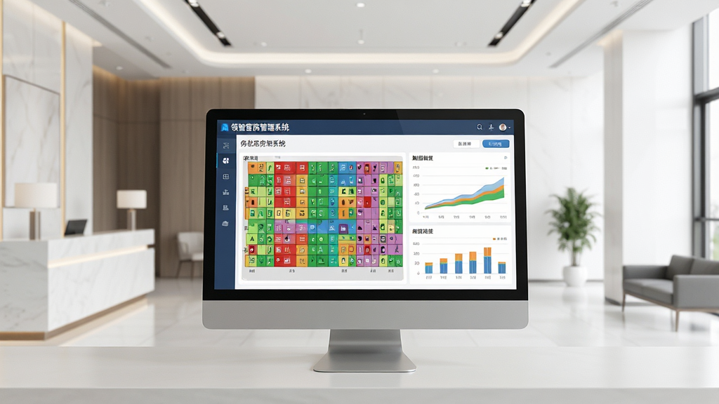 一张现代酒店前台场景的3D渲染图,画面中央一台电脑屏幕清晰显示“领智客房管理系统”的房态管理界面,彩色房态图与数据图表,背景是简洁明亮的酒店大堂,布局均衡,排版专业,风格写实,细节精致,画质高清,干净无多余元素