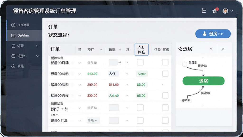 领智客房管理系统订单管理界面,展示订单列表与状态流转,包含预订、入住、退房等按钮,布局有序,排版清晰,风格商务,细节真实,画质高清,干净无多余元素