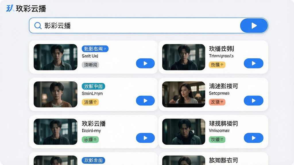 主体:玖彩云播的搜索界面,输入框内有影视名称,下方展示多行搜索结果卡片,每个卡片显示缩略图、清晰度标签和播放按钮。布局:搜索框位于顶部,结果列表纵向排列,左侧缩略图右侧文字信息。排版:卡片式布局,间距均匀,标签清晰。风格:清爽简洁,浅色背景搭配蓝色高亮。细节:缩略图圆角处理,清晰度标签有颜色区分,播放按钮带有小三角图标。画质:高清渲染,干净无多余元素。