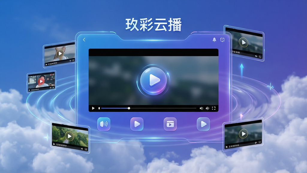 主体:玖彩云播应用界面悬浮在云端背景上,界面显示高清视频播放画面,周围有光效和播放按钮图标。布局:中央为主界面,四周环绕流媒体波纹和浮动的视频缩略图。排版:简洁明快,主标题“玖彩云播”置于顶部,下方为功能图标排列。风格:现代科技感,蓝紫色渐变主色调,光影通透。细节:界面边缘有细腻的发光线条,视频缩略图清晰可辨,播放按钮立体突出。画质:8K超清,干净无多余元素。