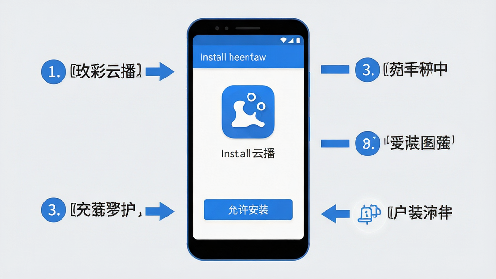 主体:玖彩云播在安卓手机上的安装步骤示意图,手机屏幕显示安装界面,下方有“允许安装”按钮。布局:手机居中,周围有步骤编号和箭头指示。排版:清晰易懂,步骤文字简洁。风格:扁平化插画风格,蓝白配色。细节:手机上显示应用图标,安装按钮高亮,背景为浅灰色。画质:高精度,干净无多余元素。