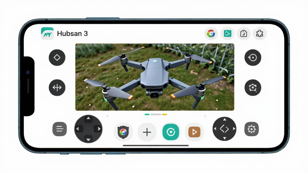 画面主体为一部智能手机横屏显示Hubsan 3应用主界面,界面中央是无人机实时航拍画面,下方有飞行摇杆和各类功能图标。布局以应用界面截图为核心,四周留白。风格为现代科技感UI设计,扁平化图标,色彩明快。细节包括清晰的功能按键文字标注“Hubsan 3”,画质高清,干净无多余元素。
