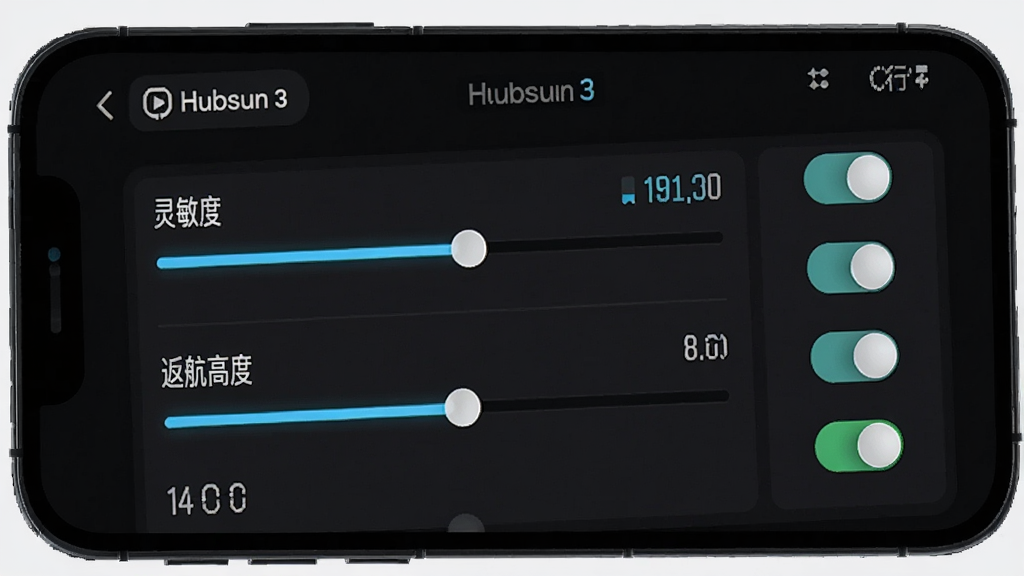 画面主体为手机屏幕展示Hubsan 3的飞行参数设置面板,背景为暗色界面。布局以滑条和开关为主。风格为深色科技风UI,高亮显示关键数值。细节包括“灵敏度”、“返航高度”等文字标签,画质干净,无多余元素。