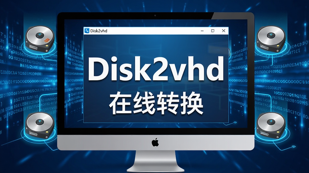 ���壺һ̨������Ļ��ʾDisk2vhd�������棬��������ɫ���������������ͼ�꣬���־��У����Ƽ��У�ϸ�ڰ�����Disk2vhd���������ƺ͡�����ת�������������ʸ���ɾ����޶���Ԫ��