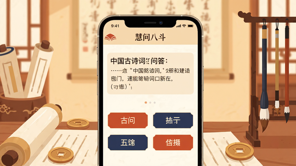画面主体为“慧问八斗”手机应用界面展示,背景是暖色调的古典书房场景,界面内显示一道关于中国古诗词的问答题目,四个选项按钮清晰可见。布局采用居中构图,界面占据画面主要部分,周围点缀着书卷、毛笔、铜钱等元素。风格为扁平化插画风,配色以米黄、朱红、藏青为主,细节精致,画质高清干净,无多余元素。
