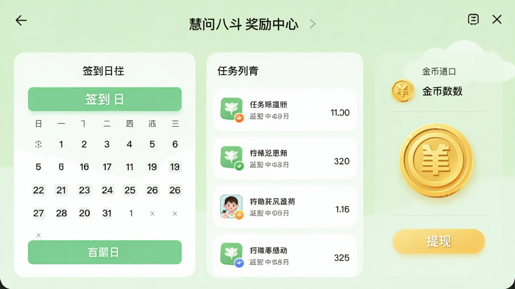 画面主体为“慧问八斗”奖励中心界面,界面中有签到日历、任务列表和金币数量显示,金币以金色圆形图标呈现,带有“提现”按钮。布局采用列表式设计,背景为浅绿色,风格清新简约,画质清晰,无多余元素。