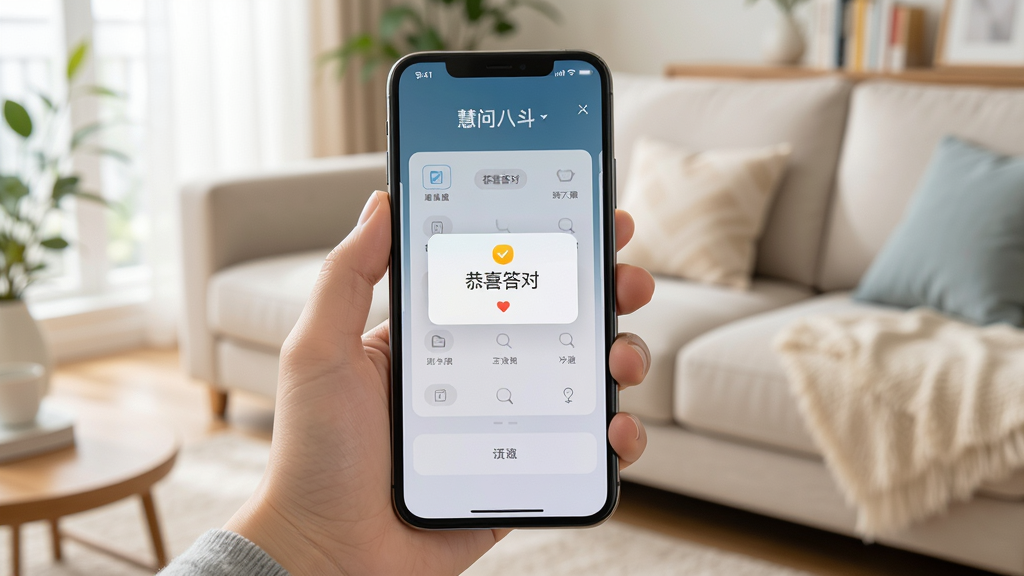 画面主体为“慧问八斗”手机使用场景,一只手拿着手机在答题,屏幕上显示“恭喜答对”的弹窗,背景是客厅沙发。布局采用平视角度,风格写实,光线明亮,画质清晰,无多余元素。