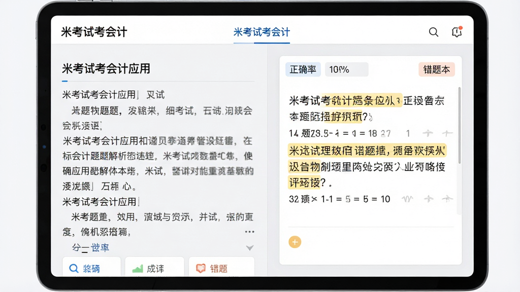 主体:米考试考会计应用中的题目解析页面,左侧为题目文字,右侧为答案解析框;布局:平板电脑横屏展示,解析框高亮显示关键词;排版:左文右图,层次分明;风格:简洁学习风,背景浅灰;细节:解析区域有“正确率”“错题本”标签,屏幕上方有“米考试考会计”标识;画质:高清,干净,无多余元素