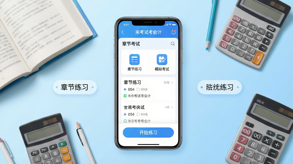 主体:手机屏幕展示米考试考会计应用界面,界面显示会计考试题库列表和“开始练习”按钮,背景为浅蓝色渐变;布局:手机居中,屏幕内容清晰可辨,周围有书本、计算器等学习元素;排版:手机位于画面中心,四周留白,文字标签环绕;风格:现代扁平化,色彩明亮;细节:屏幕中显示“米考试考会计”字样及“章节练习”“模拟考试”图标;画质:高清,干净,无多余元素