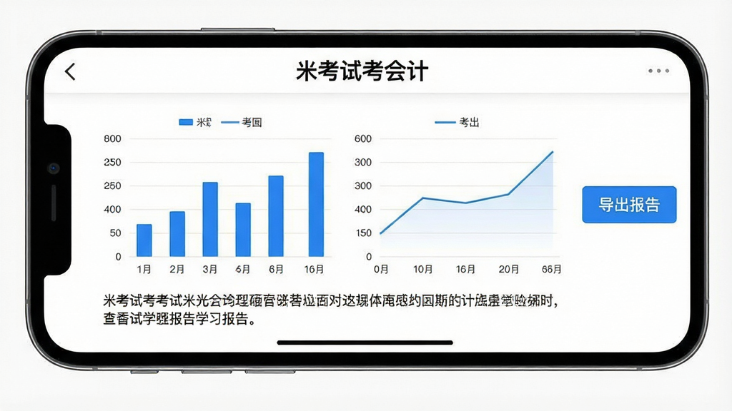 主体:手机横屏显示米考试考会计的学习报告页面,有柱状图和折线图;布局:图表占满屏幕,右侧有“导出报告”按钮;排版:图表下方有文字总结;风格:商务极简,白底蓝线;细节:报告顶部有“米考试考会计”字样;画质:高清,干净,无多余元素
