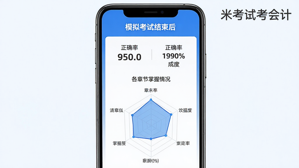 主体:模拟考试结束后的成绩单页面,显示得分与正确率,下方有雷达图展示各章节掌握情况;布局:手机竖屏,成绩单居中,雷达图位于下方;排版:数据可视化,图表清晰;风格:科技感,蓝白配色;细节:成绩单右上角有“米考试考会计”水印;画质:高清,干净,无多余元素