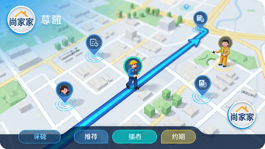 画面主体为一张电子地图,地图上有多个服务人员位置标记点,其中一人正在沿推荐路线移动,界面角落显示