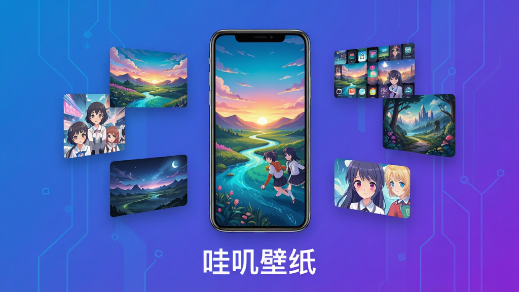 高清壁纸应用哇叽壁纸主视觉图,画面中央展示一款智能手机,屏幕上是色彩斑斓的风景与动漫混合壁纸墙,手机周围漂浮着各种精美壁纸缩略图,背景为渐变的科技蓝紫色调,布局简洁现代,扁平化设计风格,细节丰富,画质清晰干净,无多余元素,图片下方带有“哇叽壁纸”字样