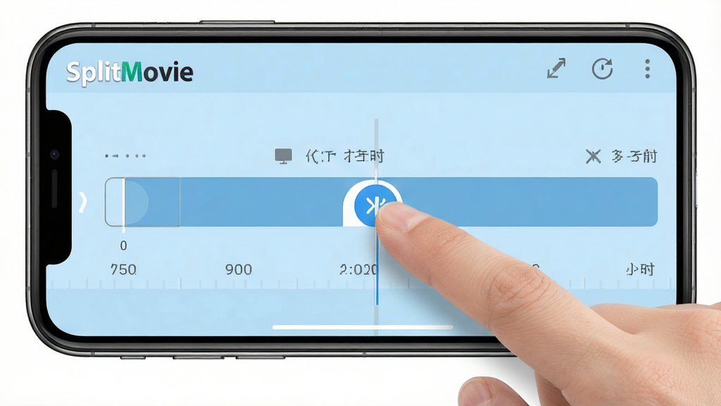 一张手机横屏运行的SplitMovie软件截图,屏幕中显示视频分割时间轴界面,手指正点击一个标记按钮,背景为淡蓝色操作面板,界面元素清晰,风格简洁实用,画质干净,无多余文字,突出软件名称“SplitMovie”的Logo。