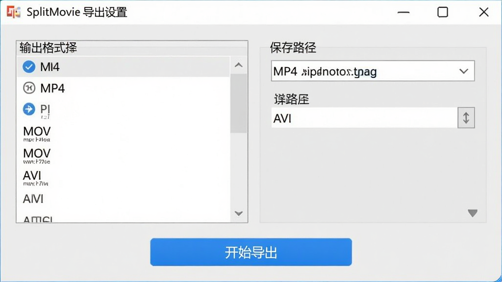 SplitMovie软件导出设置界面截图,背景为浅灰色面板,中央显示输出格式选择列表,包含MP4、MOV、AVI等选项,右侧为保存路径设置区域,底部一个蓝色“开始导出”按钮,界面简洁明了,所有文字清晰可辨,整体风格干净清爽,画质高清,无多余元素。