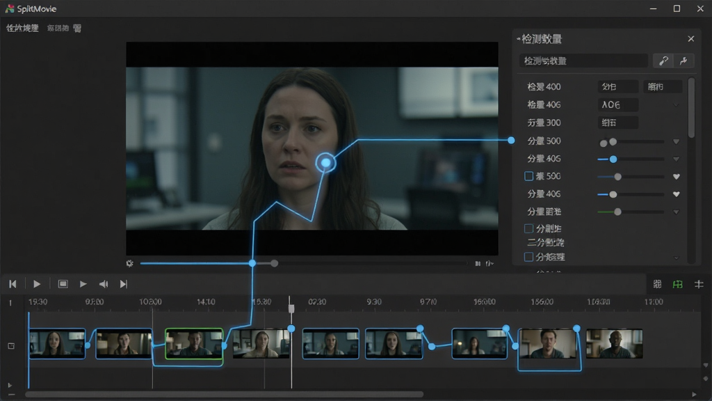 SplitMovie软件界面中显示智能场景检测功能运行时的截图,画面中央是视频预览区,下方时间轴上分布着多个标记点,每个标记点旁显示场景缩略图,右侧弹出属性面板展示检测到的场景数量与分割选项,整体风格科技感十足,蓝色高亮线条连接各标记点,背景为深灰色,视觉层次分明,画质清晰,无多余文字。