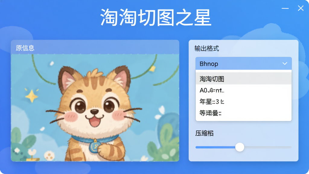 主体为淘淘切图之星格式转换功能界面,左侧为原图信息,右侧为输出格式选择下拉菜单及压缩滑块,背景为渐变蓝色,布局简洁,画质清晰,无多余元素,图片中标注“淘淘切图之星”功能名称
