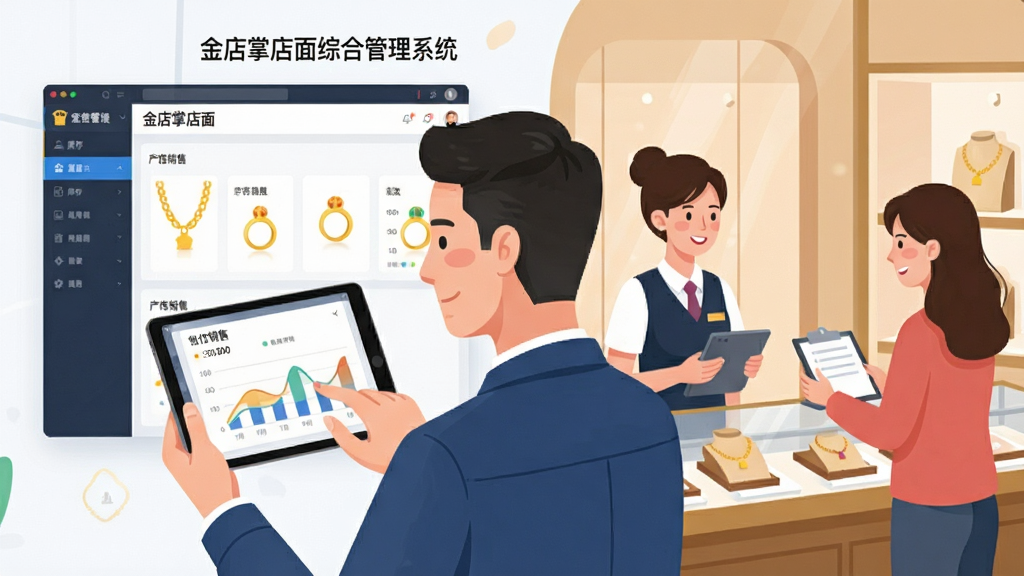 画面主体为一位金店店长正在平板电脑上操作“金店掌店面综合管理系统”,屏幕显示库存与销售图表。布局采用左右结构,左侧是系统界面,右侧是店员与顾客交流场景。排版干净现代,风格为扁平化商务插画,细节包含金链、戒指等产品图标,画质清晰,干净无多余元素,图片中文字为“金店掌店面综合管理系统”。